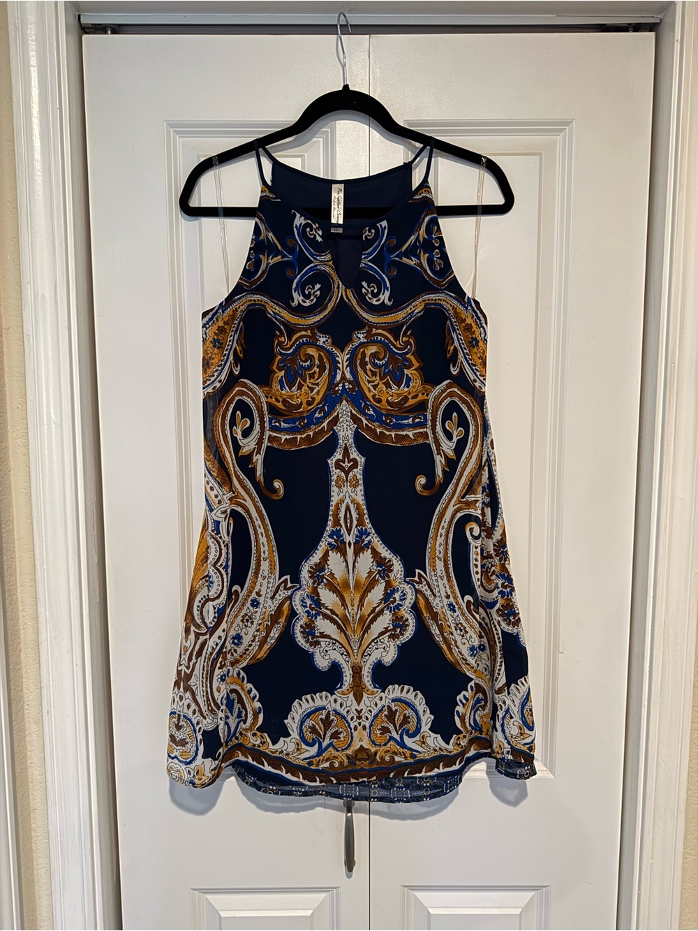 PerSeption Concept Navy and Gold Paisley Halter Mini Dress